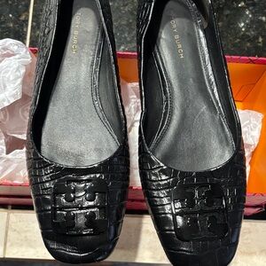 Tory Burch Black Georgia Ballet Croc-Embossed Flats